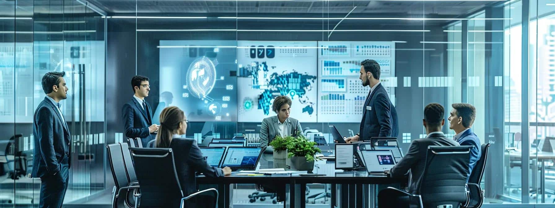 a modern office setting showcasing a diverse team of professionals engaged in a focused discussion around a sleek conference table, surrounded by digital screens displaying cybersecurity analytics and data visualizations that highlight the importance of selecting the right edr/xdr solution for smbs.