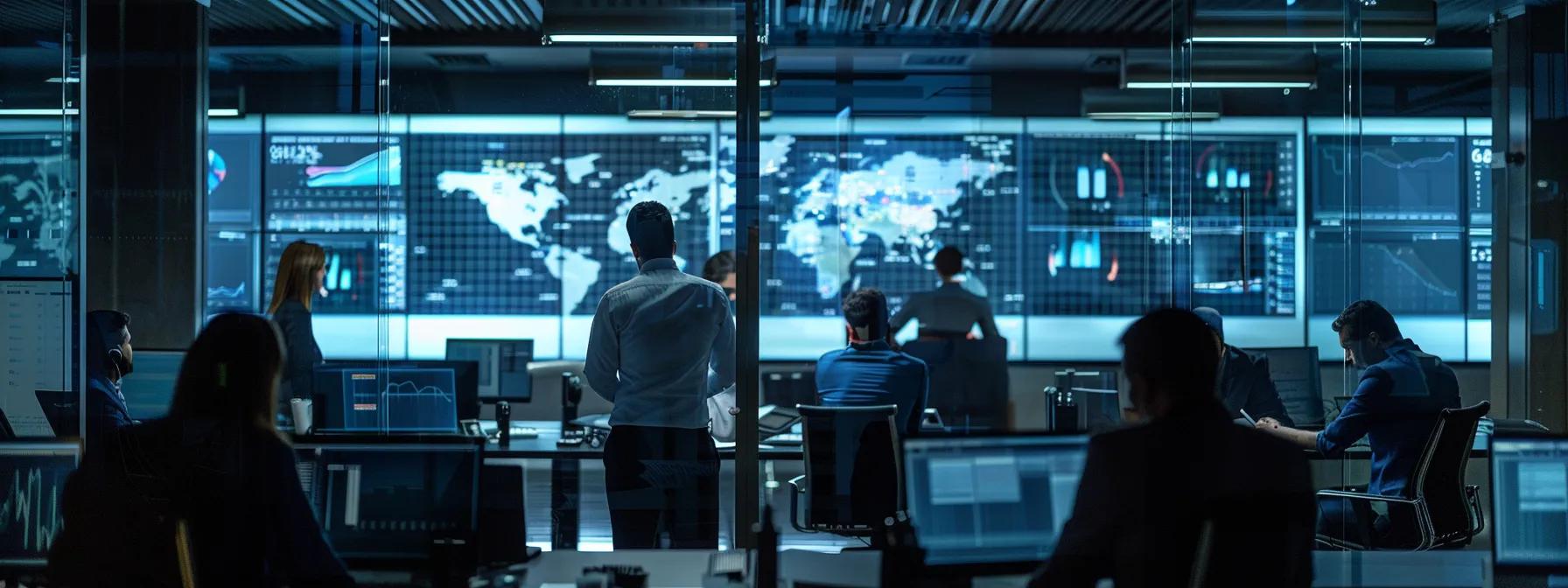 a modern office space brimming with high-tech screens displaying real-time security analytics, where focused cybersecurity professionals engage in a dynamic discussion surrounding layered protection strategies and threat detection innovations.
