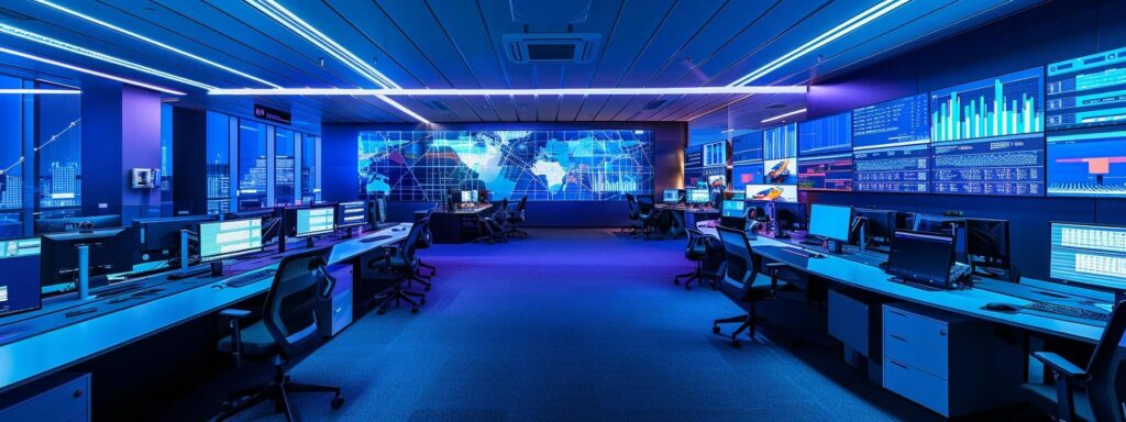 a modern office space featuring an expansive security operations center with multiple screens displaying real-time data and analytics, illuminated by vibrant led lights that highlight the high-tech atmosphere.