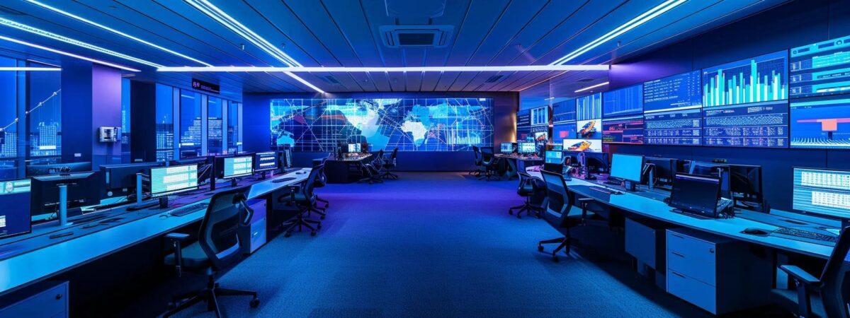 a modern office space featuring an expansive security operations center with multiple screens displaying real-time data and analytics, illuminated by vibrant led lights that highlight the high-tech atmosphere.