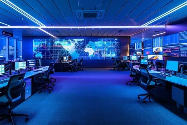 a modern office space featuring an expansive security operations center with multiple screens displaying real-time data and analytics, illuminated by vibrant led lights that highlight the high-tech atmosphere.