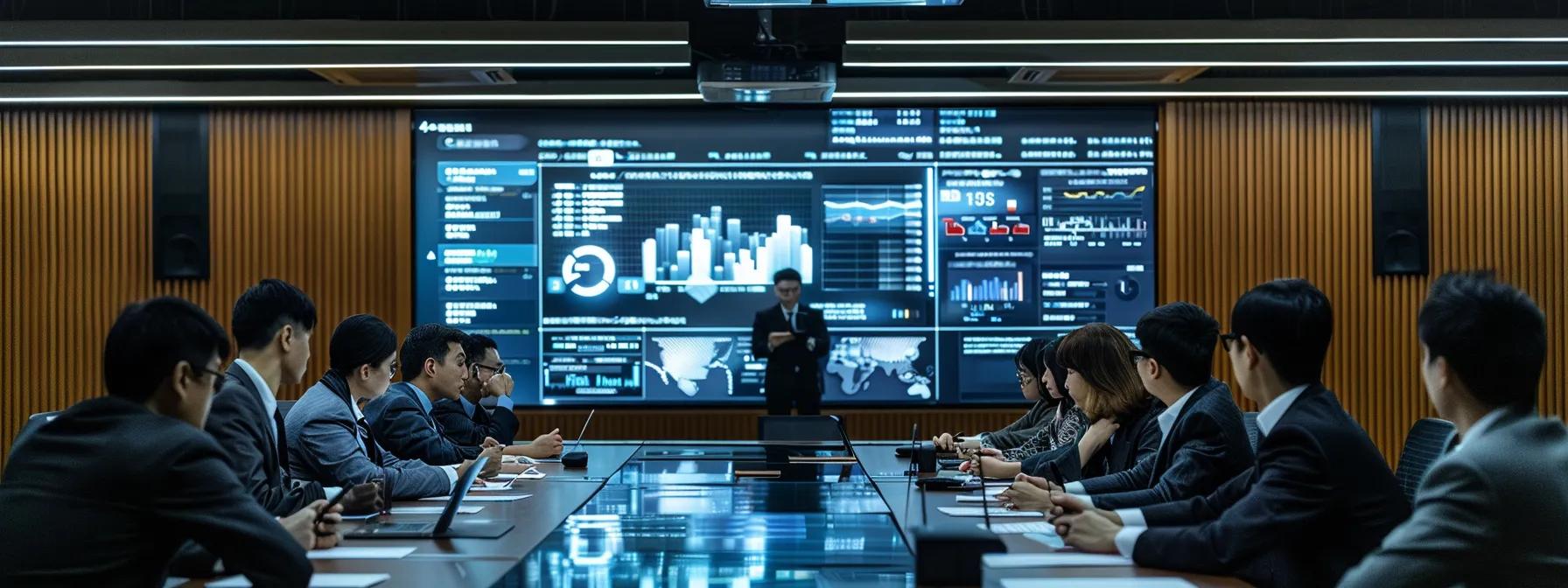 a sleek conference room filled with professionals engaged in a dynamic discussion around a large screen displaying data analytics and threat detection metrics, underscoring the critical importance of selecting the right insider threat detection tools for businesses.