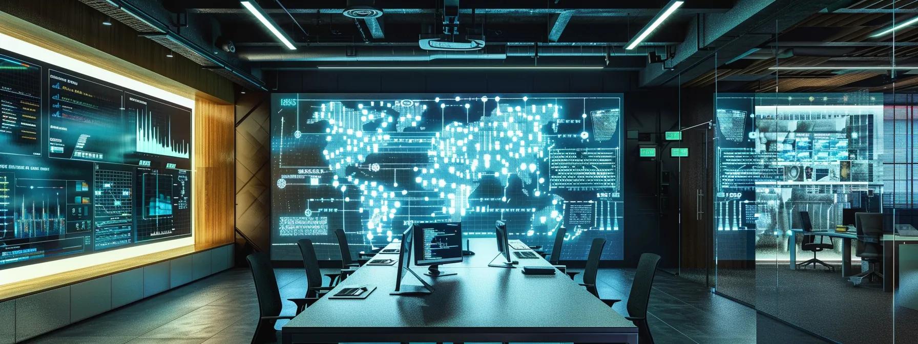 a sleek, high-tech office environment features a large digital screen displaying a vibrant, real-time map of interconnected iot devices, illustrating the advanced automated discovery process that enhances enterprise security.