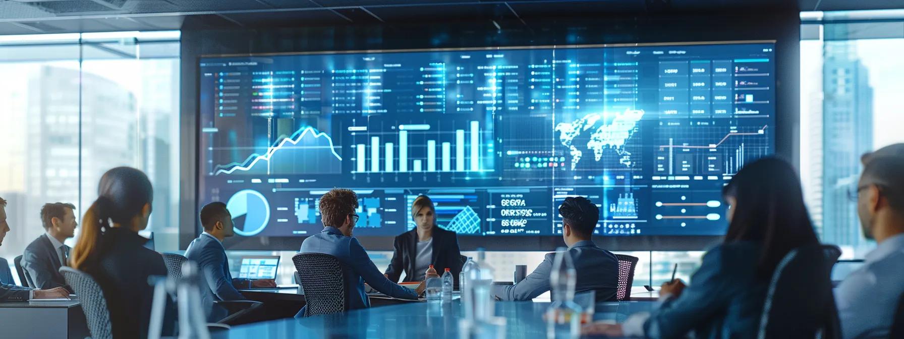 a sleek modern office conference room is filled with professionals attentively reviewing a large digital screen displaying colorful graphs and tables summarizing vulnerability assessments, embodying a focused atmosphere of strategic planning for security improvements.