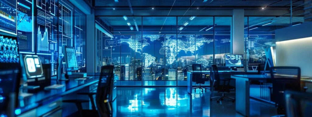 a sleek, modern office environment features two contrasting digital displays—one showcasing robust cybersecurity analytics and the other illustrating a dynamic cyber resilience strategy—bathed in dramatic blue and silver lighting to emphasize the importance of both concepts.