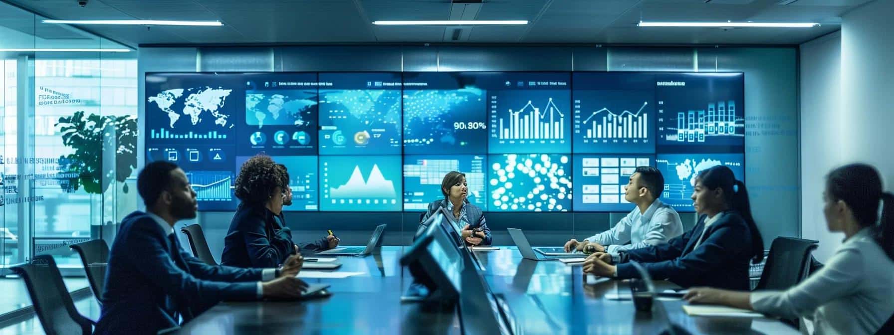 a sleek, modern office environment showcases a diverse team of professionals collaborating around a large conference table, surrounded by multiple screens displaying vpn security dashboards and graphs, emphasizing their commitment to safe and efficient remote work practices.