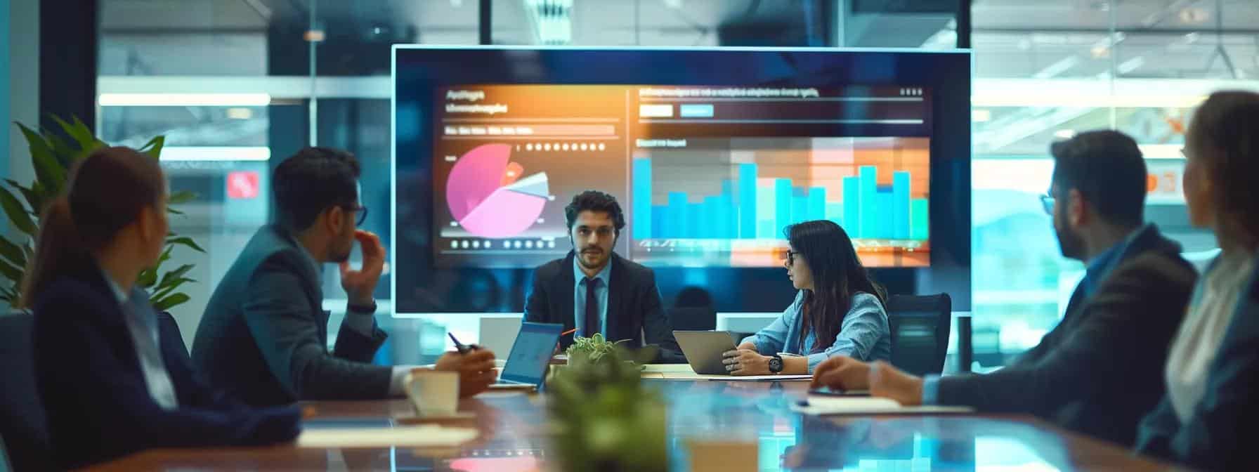 a sleek, modern office environment features a large screen displaying colorful data visualizations, showcasing the seamless automation of compliance reporting, with professionals engaging in focused discussions around a polished conference table.