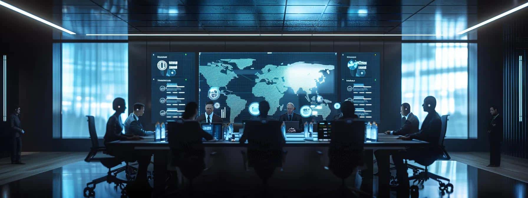 a sleek, modern office featuring a large digital dashboard displaying real-time cybersecurity alerts and trends, with focused professionals engaged in strategic discussions around a conference table illuminated by overhead lighting.