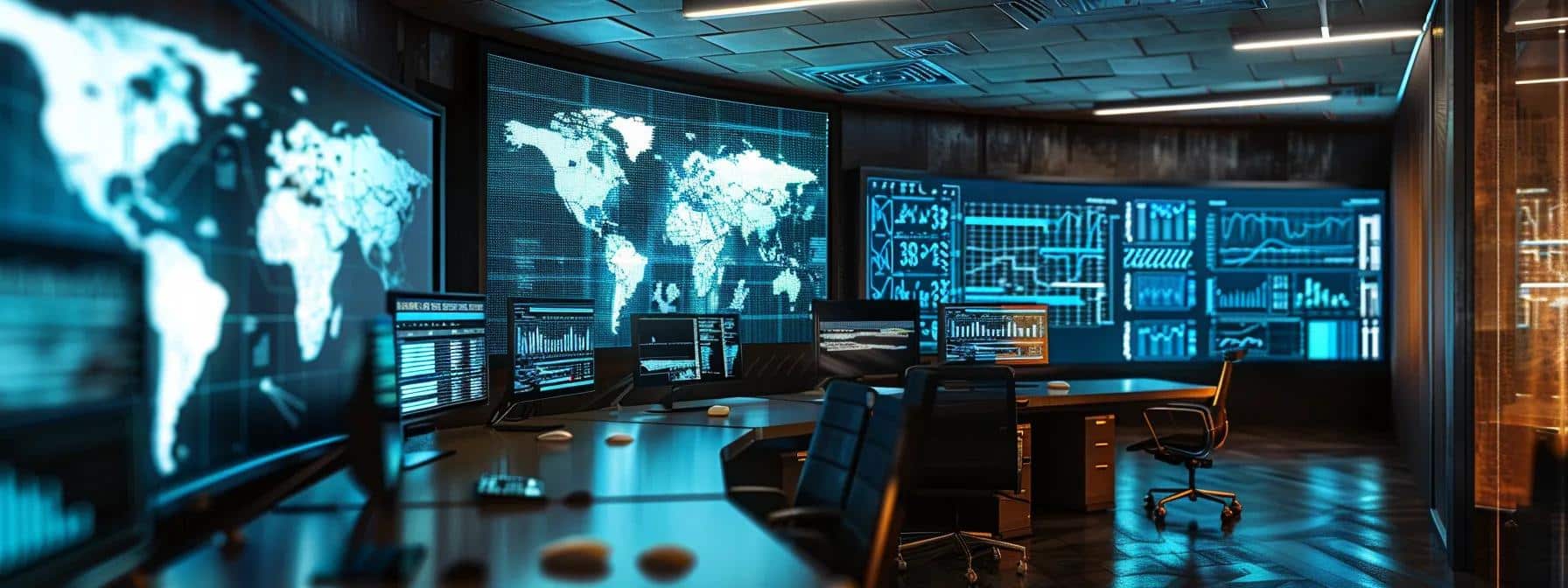 a sleek, modern office filled with high-tech screens displaying real-time cybersecurity data and threat analytics, reflecting a proactive approach to ransomware incident response amidst an atmosphere of urgency and strategic planning.