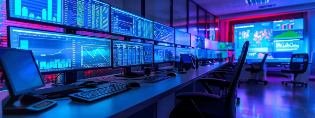 a sleek modern office filled with multiple monitors displaying vibrant graphs and alerts, illustrating a high-tech security information and event management (siem) system in action, illuminated by dynamic, colorful led lights.