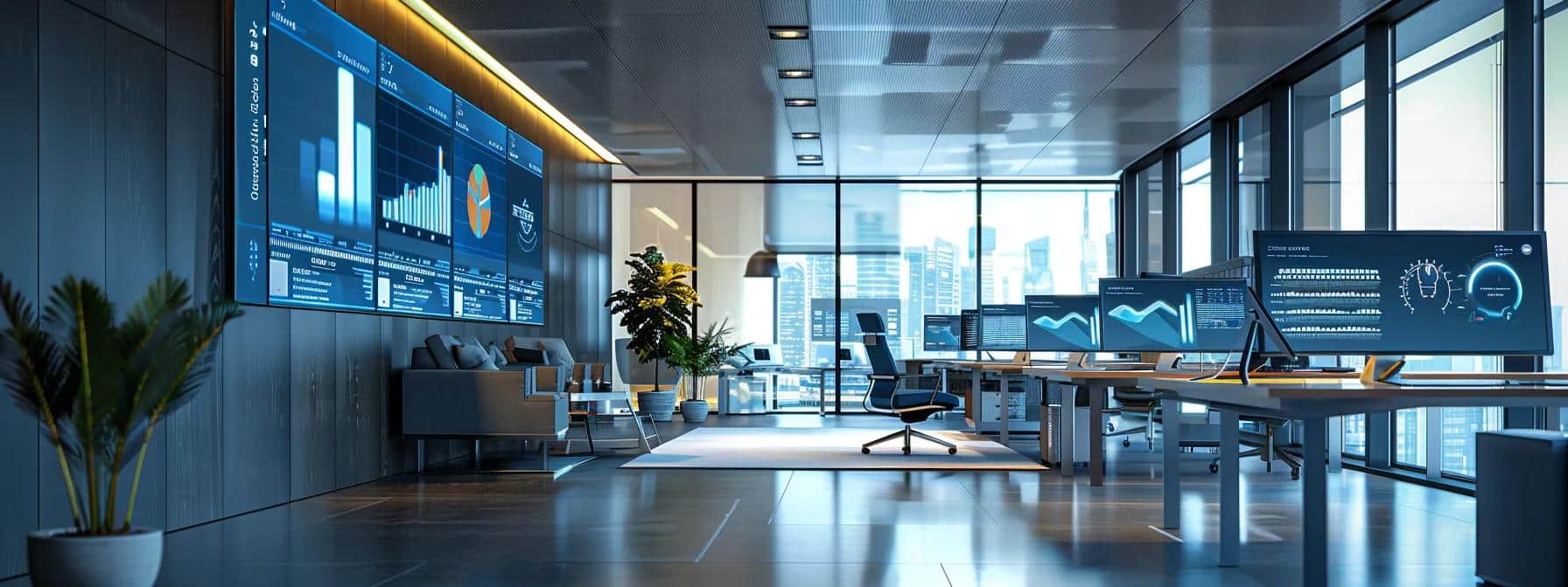 a sleek, modern office interior showcases multiple screens displaying real-time analytics and network traffic visualizations, highlighting the vigilance of it teams as they monitor iot device security against potential cyber threats.
