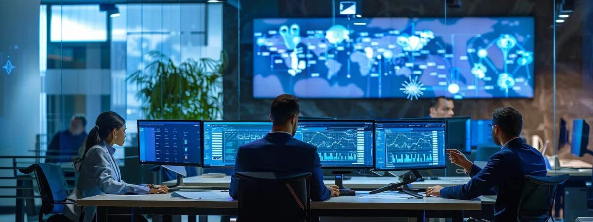 a sleek, modern office setting features a diverse team of professionals intently analyzing cybersecurity data on large screens, symbolizing the integration of endpoint detection & response (edr/xdr) into small and medium businesses.