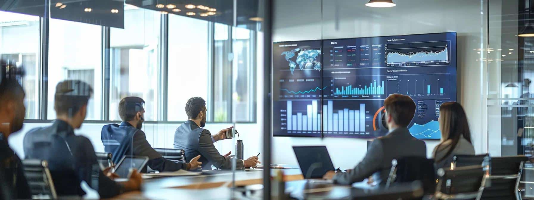 a sleek, modern office setting showcases a large digital dashboard displaying colorful graphs and metrics, capturing the dynamic analysis of cybersecurity threats as a team of focused professionals collaborates around a conference table.