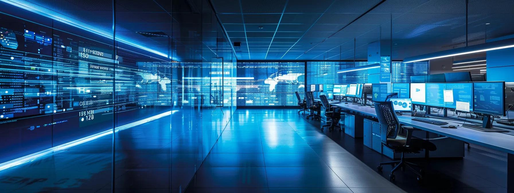 a sleek, modern office space filled with high-tech screens displaying encryption protocols like tls and vpns, illuminated by dynamic, blue-lit accents, showcases a secure digital environment emphasizing data-in-transit protection.