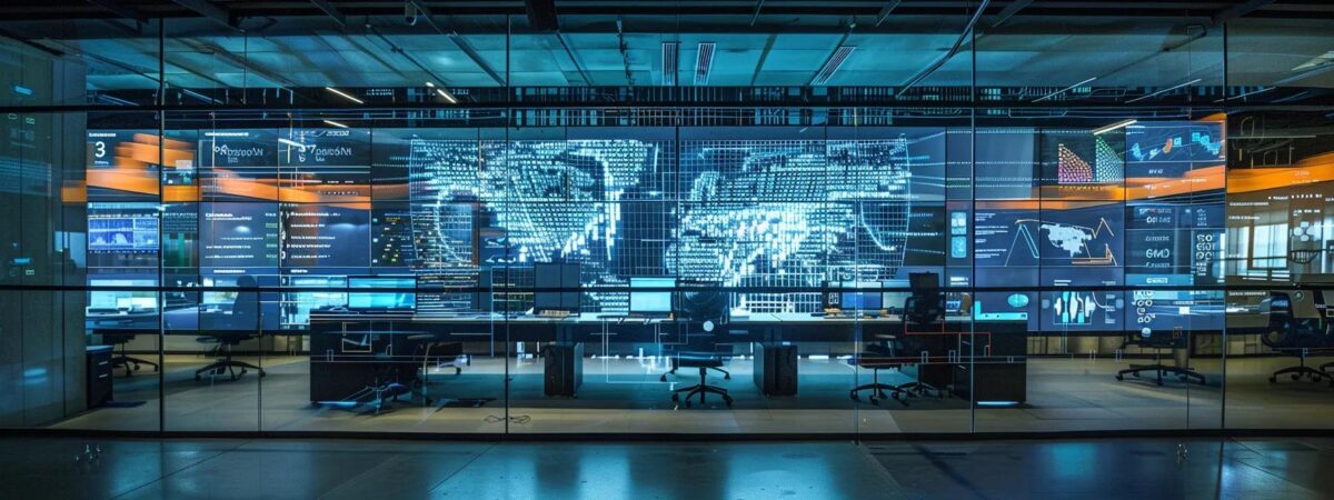 a sleek, modern office space features a large digital screen displaying intricate encryption algorithms, with data streams visually represented in vibrant colors against a backdrop of glass walls and high-tech equipment, emphasizing the importance of data security in transit and at rest.