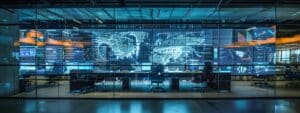 a sleek, modern office space features a large digital screen displaying intricate encryption algorithms, with data streams visually represented in vibrant colors against a backdrop of glass walls and high-tech equipment, emphasizing the importance of data security in transit and at rest.