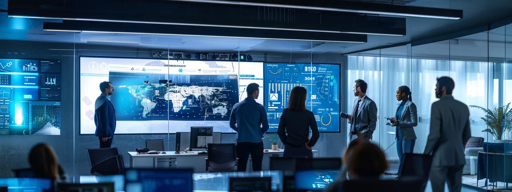 a sleek, modern office space features a diverse group of professionals gathered around a high-tech digital screen, analyzing real-time data and customized security strategies tailored to address insider threats specific to their respective industries.