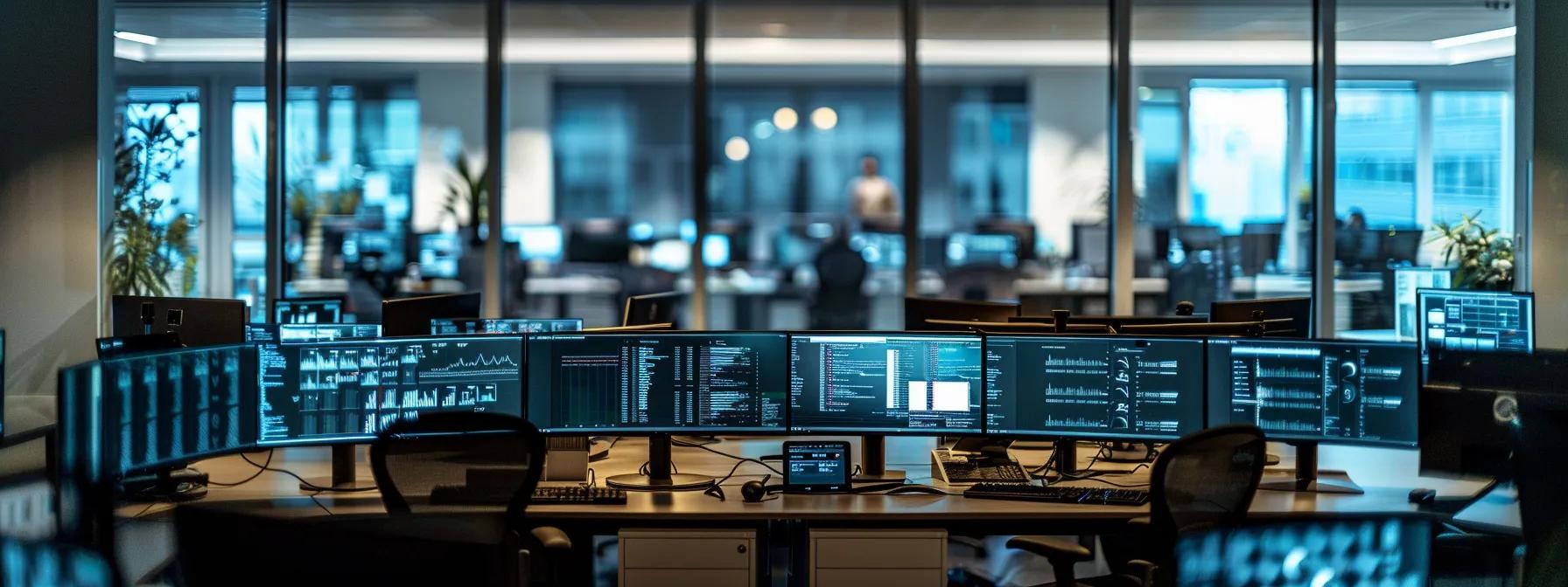 a sleek modern office workspace features multiple computer screens displaying encrypted data backup solutions, surrounded by advanced cybersecurity elements, illustrating a strong focus on resilience against cyber threats.