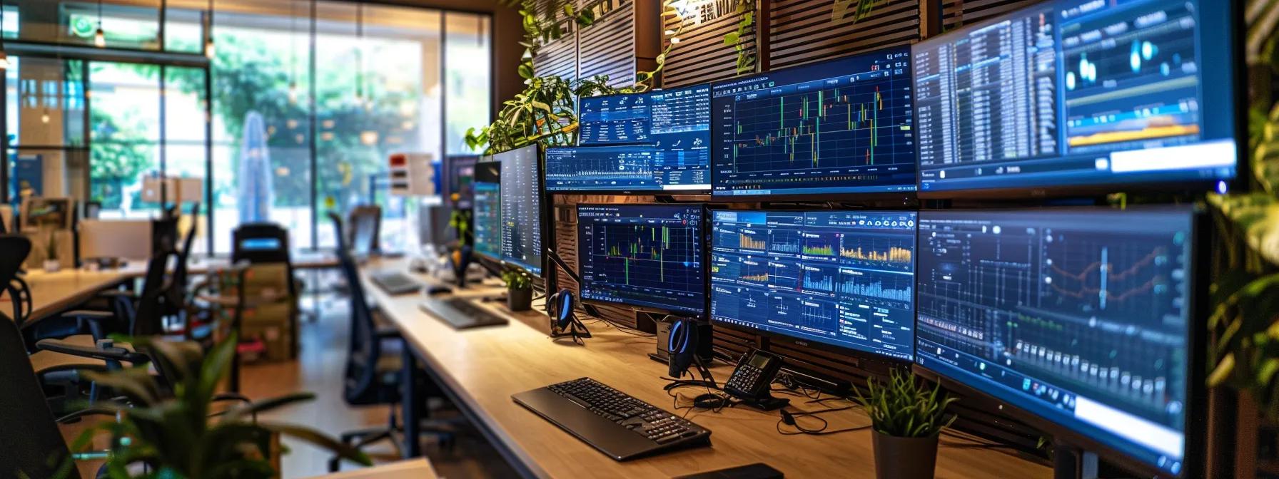 a sleek, modern office workspace is illuminated by soft, ambient lighting, showcasing multiple computer monitors displaying complex cybersecurity data and analytics, symbolizing the proactive threat hunting essential for regulatory compliance.