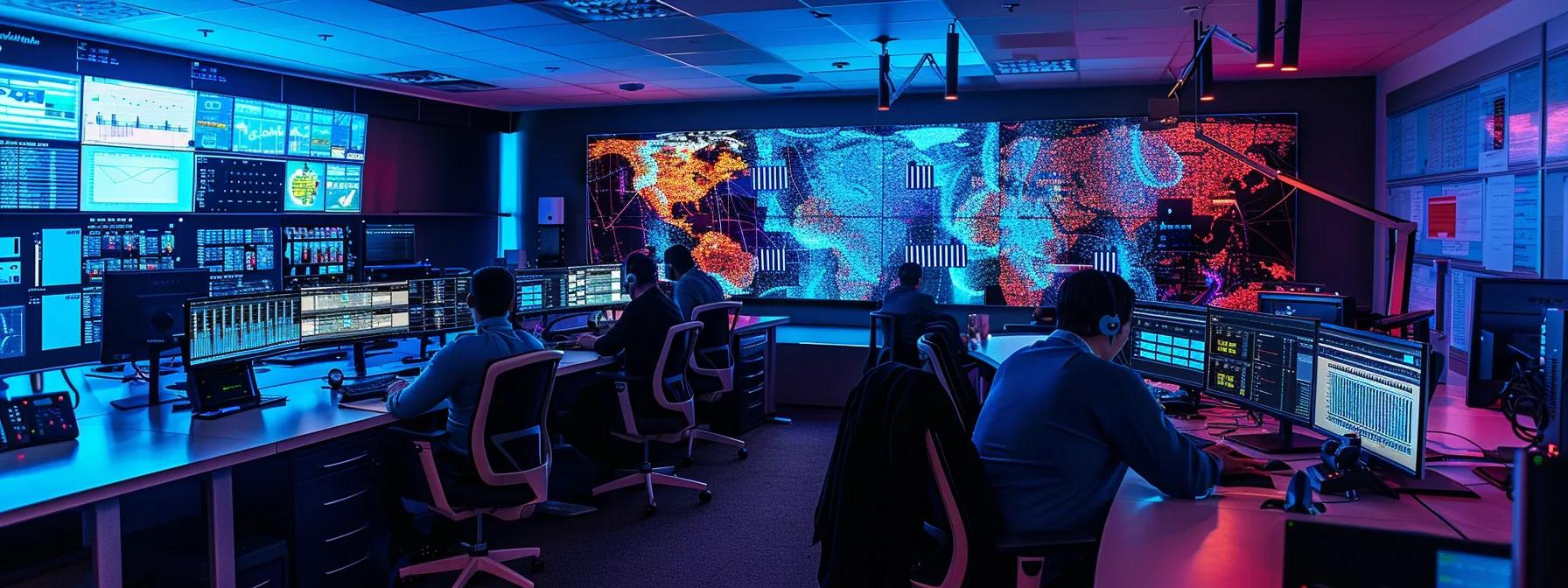 a sleek, modern security operations center is filled with glowing screens displaying real-time network threats and analytics, where professionals engage in strategic discussions to optimize the deployment of next-gen firewalls and intrusion prevention systems.