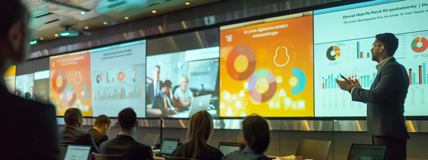 a dynamic office training session featuring engaged employees attentively watching a cybersecurity expert present on a large screen, with vibrant infographics highlighting human risk factors and security protocols.