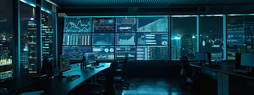 a dynamic urban office setting showcases a large digital screen displaying intricate data visualizations and real-time threat alerts, illuminated by blue and green ambient lighting to emphasize the role of ai and ml in enhancing cybersecurity.