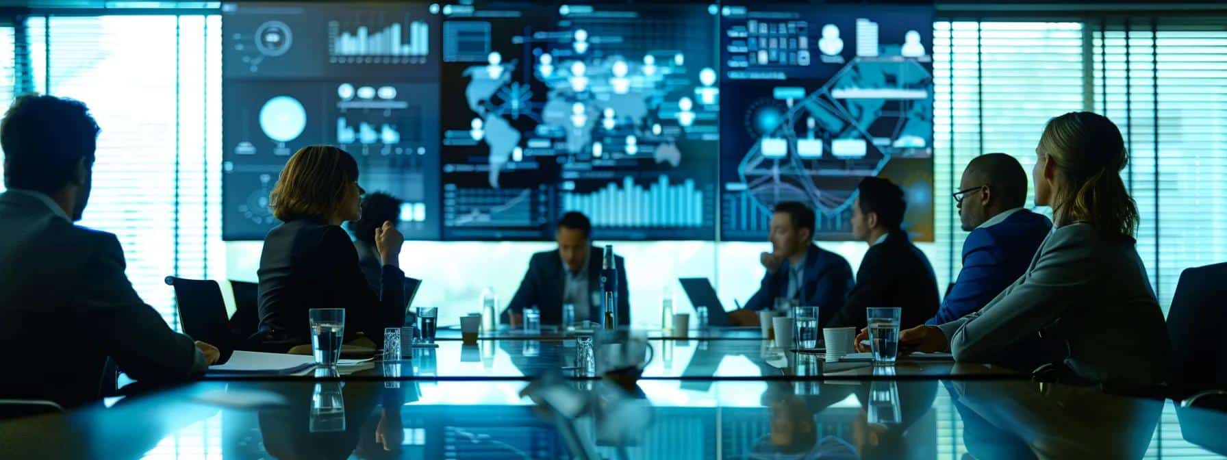 a focused business meeting in a sleek, modern conference room, with team members of diverse backgrounds engaged in a dynamic discussion around compliance mapping challenges, surrounded by digital screens displaying complex regulatory frameworks and cybersecurity metrics.