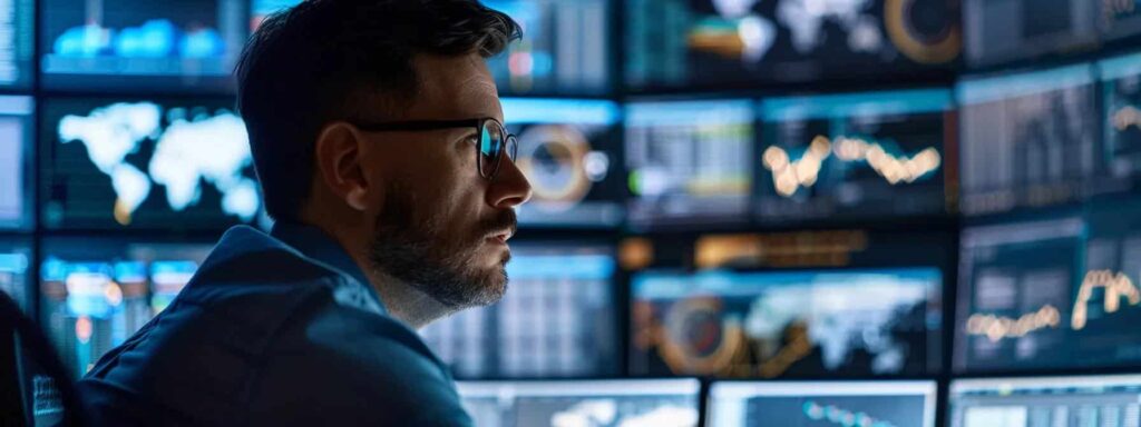 a focused cybersecurity analyst sits in a dimly lit, modern office, scrutinizing multiple screens displaying intricate data visualizations of potential threats and vulnerability assessments, highlighting a proactive approach to digital security.