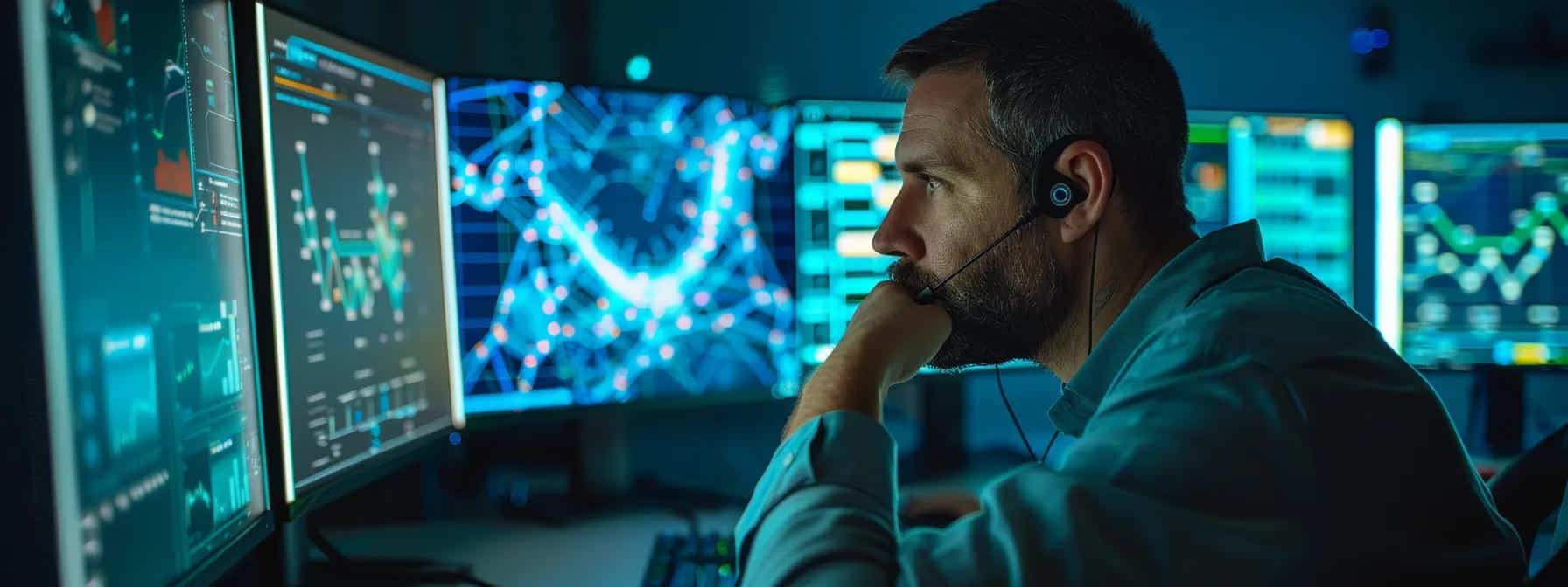 a focused cybersecurity analyst deeply engaged in reviewing complex data and system interfaces on multiple monitors in a dimly lit, modern office, highlighting the critical process of assessing a business’s cybersecurity posture before crafting an incident response plan.