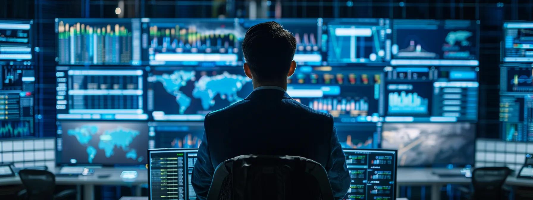 a focused cybersecurity analyst examines a multitude of glowing screens displaying complex data graphs and threat indicators within a sleek, dimly lit command center, embodying the essence of proactive threat hunting in action.