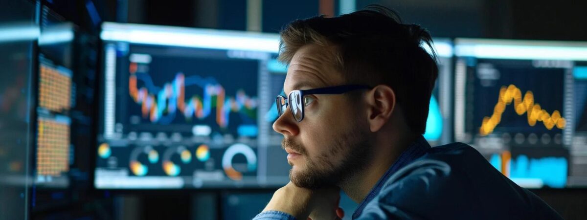 a focused cybersecurity analyst intently examines multiple glowing monitors displaying intricate data visualizations in a sleek, modern office, embodying the proactive strategy of continuous threat hunting.