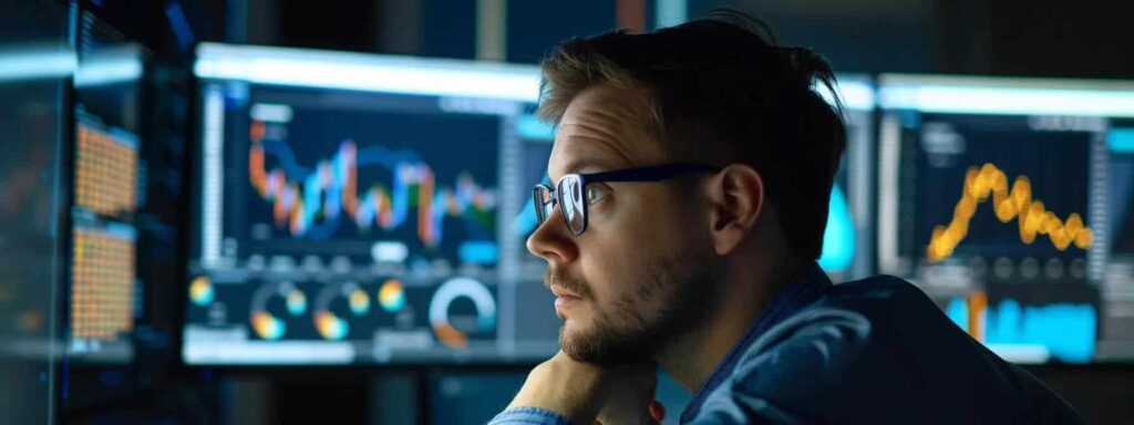 a focused cybersecurity analyst intently examines multiple glowing monitors displaying intricate data visualizations in a sleek, modern office, embodying the proactive strategy of continuous threat hunting.