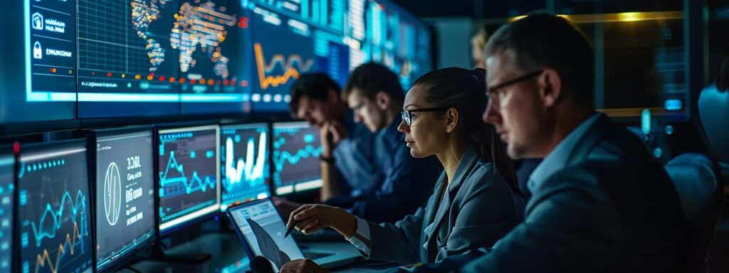 a focused cybersecurity team collaboratively analyzes a digital dashboard filled with threat indicators in a modern, high-tech office, illuminated by sleek led screens and vibrant data visualizations, conveying urgency and precision in their ransomware incident response efforts.