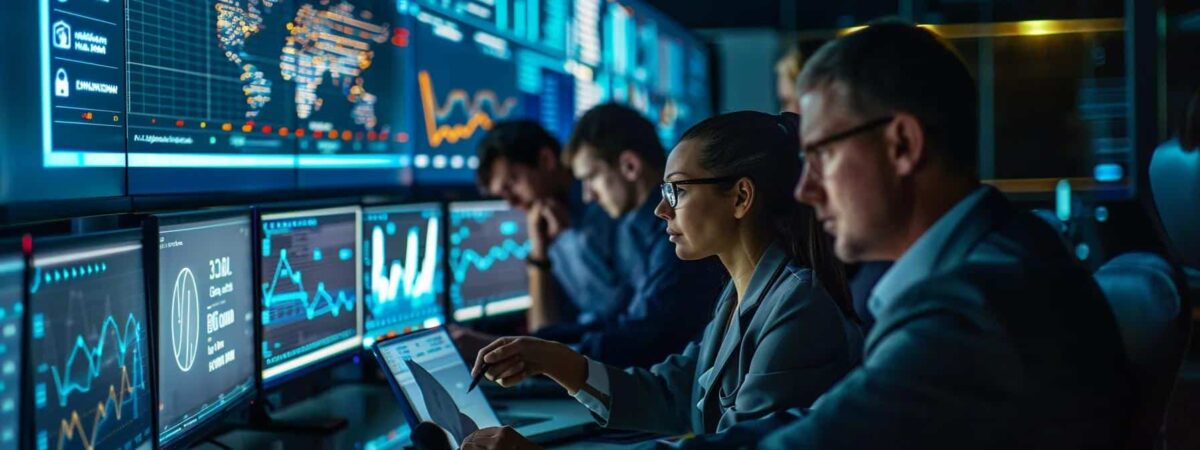 a focused cybersecurity team collaboratively analyzes a digital dashboard filled with threat indicators in a modern, high-tech office, illuminated by sleek led screens and vibrant data visualizations, conveying urgency and precision in their ransomware incident response efforts.