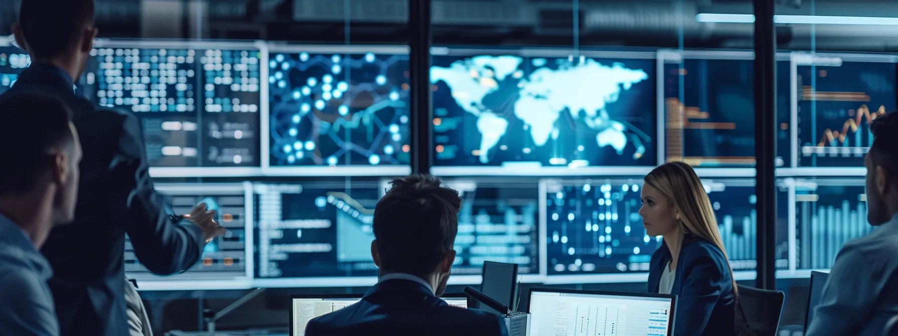 a focused office environment displays professionals engaged in a dynamic discussion around a digital display of cybersecurity analytics, emphasizing a proactive approach to continuous threat hunting services.