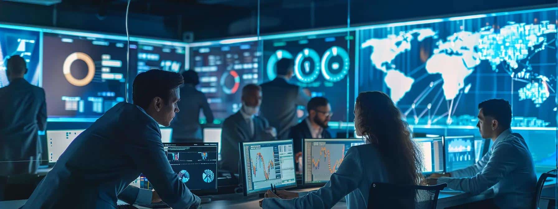 a focused office environment features a diverse group of professionals engaged in a strategic meeting, analyzing data on modern screens, with visual charts illustrating edr/xdr deployment processes, emphasizing collaboration and cybersecurity awareness.