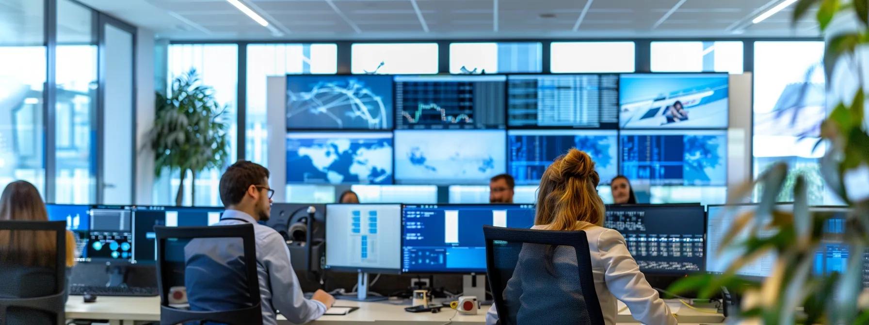 a focused office environment showcases a diverse team engaged in a dynamic compliance review meeting, surrounded by high-tech screens displaying security metrics and regulatory frameworks, illustrating the critical assessment of it practices against gdpr and hipaa standards.