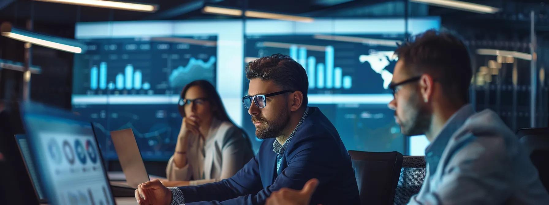 a focused office environment showcases a diverse team engaged in a high-tech discussion around a digital dashboard displaying key performance indicators for cyber resilience, illuminated by sleek overhead lights that reflect a sense of urgency and precision.
