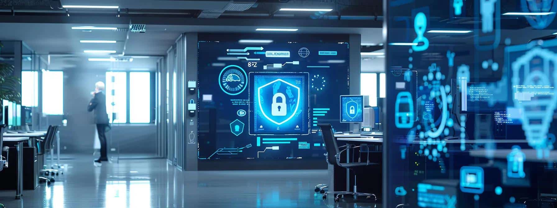 a high-tech office space showcases a sleek computer displaying a multi-factor authentication login interface, with vibrant digital security symbols overlaying the screen, emphasizing robust identity access management and layered security.