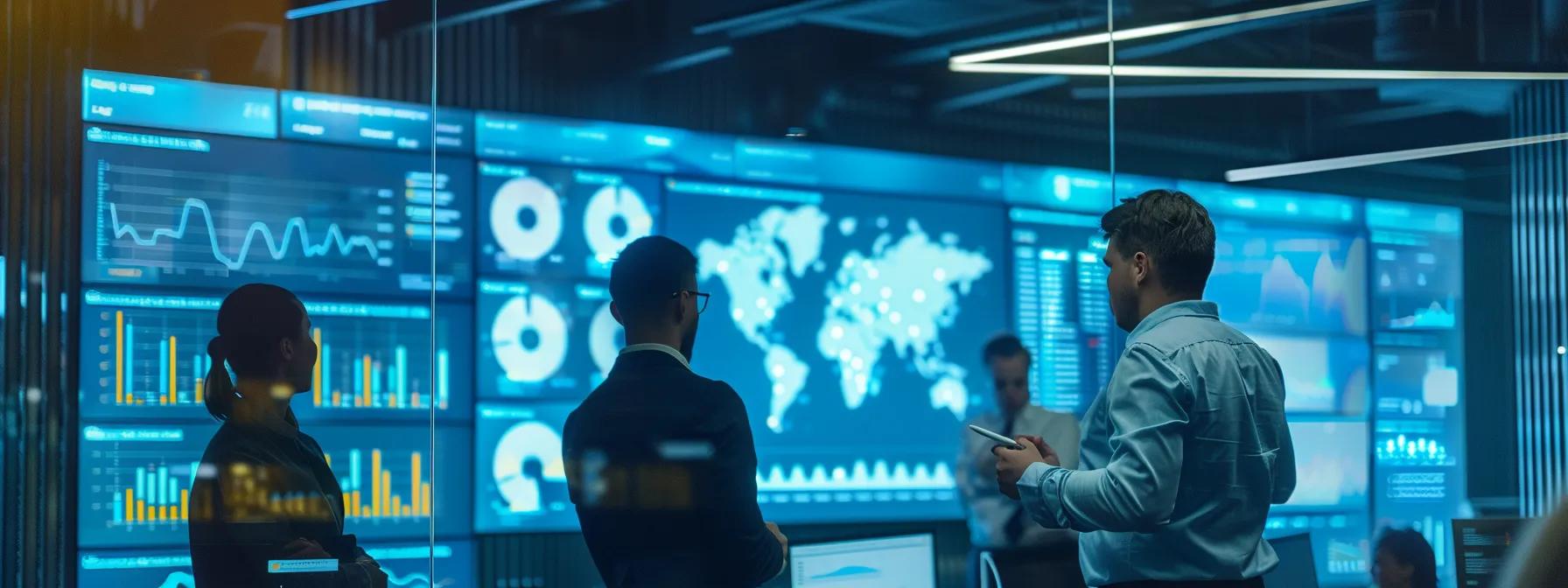 a high-tech office environment showcases a diverse team of professionals analyzing digital dashboards filled with vibrant graphs and kpis on large screens, emphasizing the strategic evaluation of cyber resilience efforts in a modern business setting.