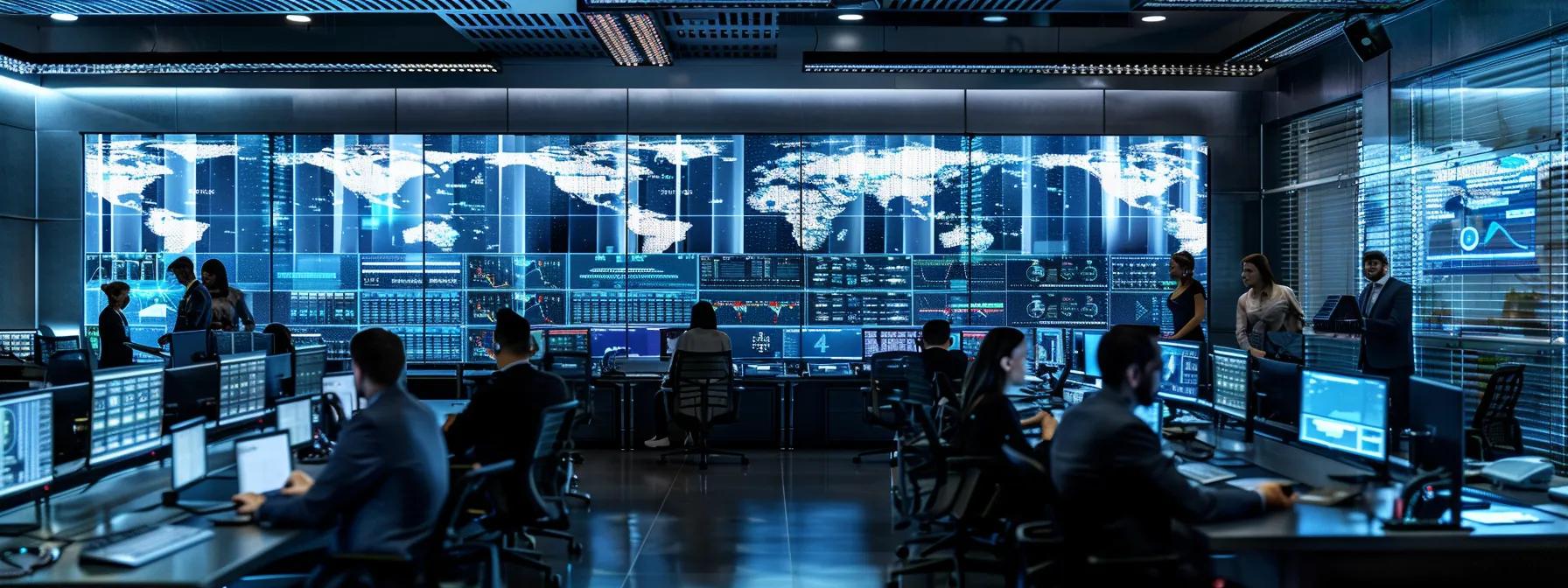 a modern cybersecurity command center filled with high-tech monitors displaying real-time data analytics and threat alerts, showcasing a team of focused security analysts collaborating amidst a sleek, urban office environment.