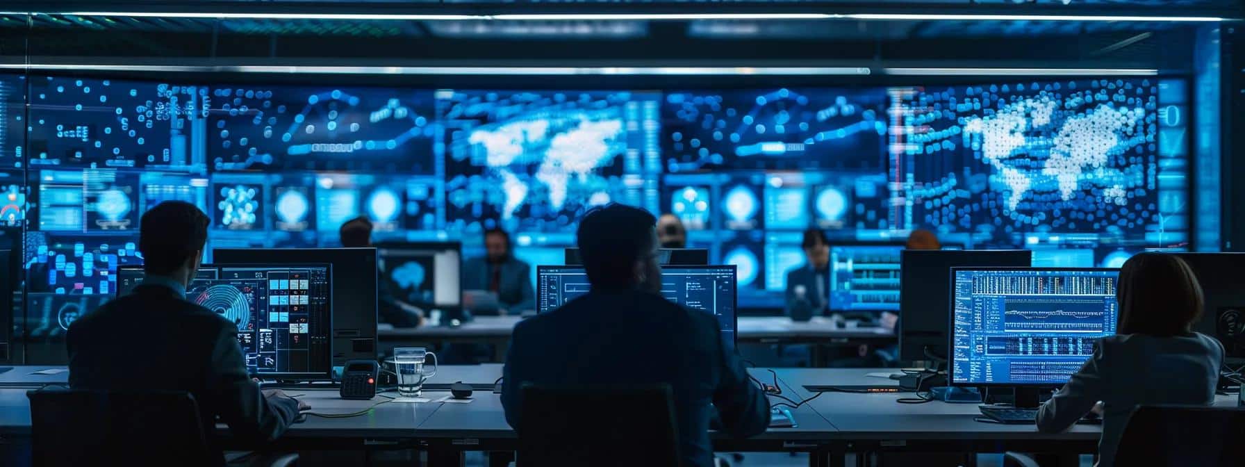a modern, high-tech cybersecurity operations center buzzes with activity, featuring multiple screens displaying ai analytics and threat detection graphs, while focused professionals collaborate in a sleek, dimly lit environment.