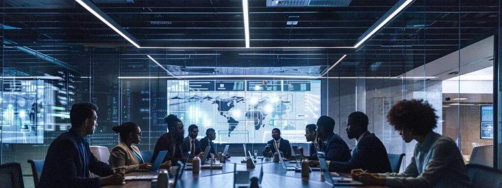 a modern office conference room filled with diverse professionals engaging in a dynamic discussion, illuminated by bright overhead lighting, centered around a large screen displaying intricate compliance mapping diagrams linking gdpr to hipaa.