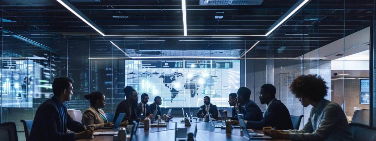 a modern office conference room filled with diverse professionals engaging in a dynamic discussion, illuminated by bright overhead lighting, centered around a large screen displaying intricate compliance mapping diagrams linking gdpr to hipaa.