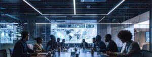 a modern office conference room filled with diverse professionals engaging in a dynamic discussion, illuminated by bright overhead lighting, centered around a large screen displaying intricate compliance mapping diagrams linking gdpr to hipaa.