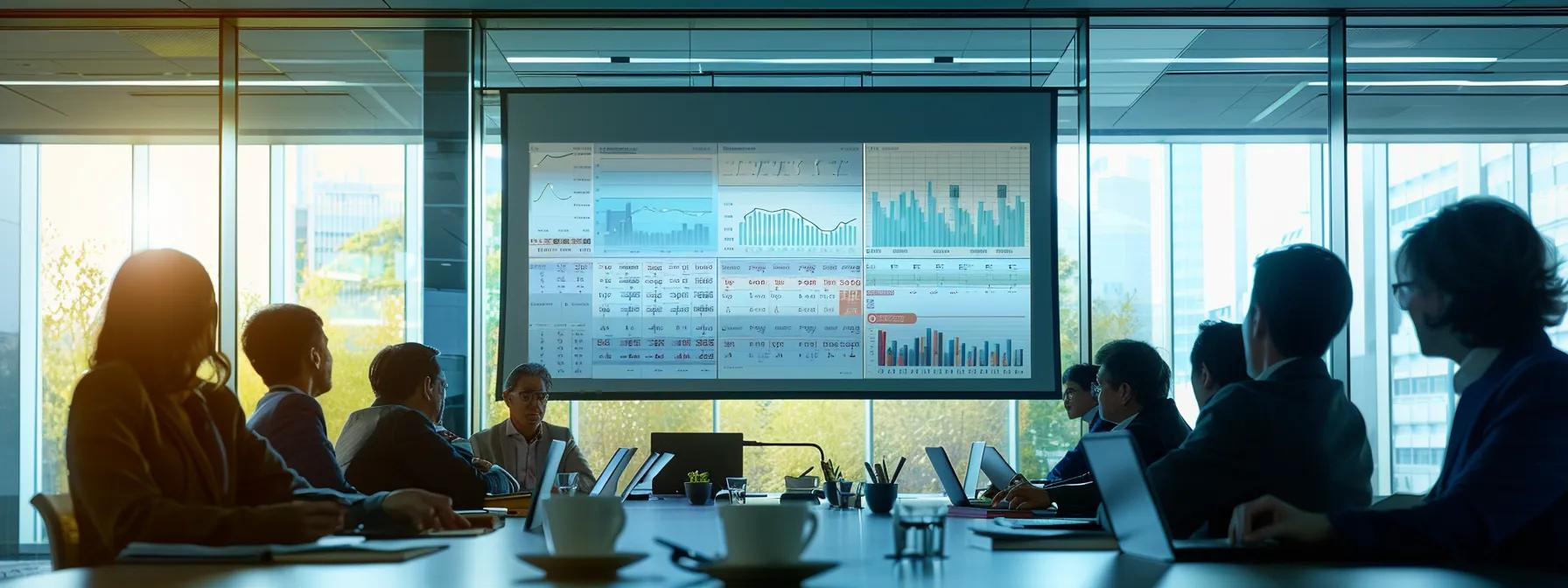 a modern office conference room features a large screen displaying a detailed compliance checklist, with professionals engaged in a discussion about critical third-party risk management standards, emphasizing the importance of security and regulatory alignment.