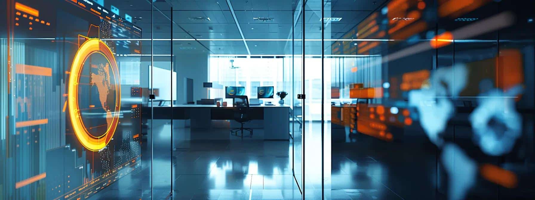 a modern office environment showcases a sleek digital dashboard highlighting encryption key management processes, with visually appealing graphics representing data security, access controls, and monitoring activities.