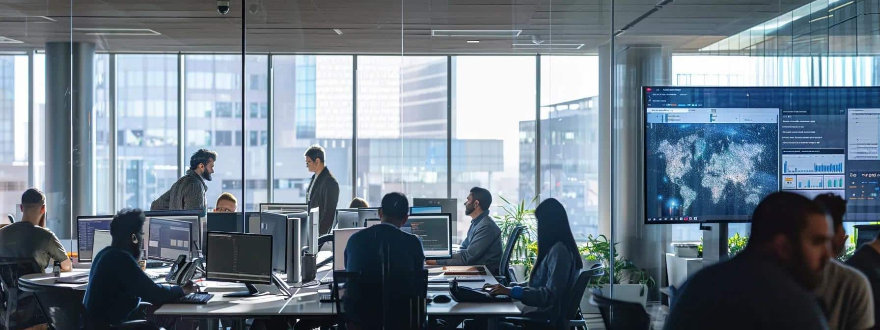 a modern office space buzzes with focused devops professionals collaborating around sleek, high-tech workstations, while a large digital screen displays a dynamic security policy framework, emphasizing a culture of security-first workflows in software development.