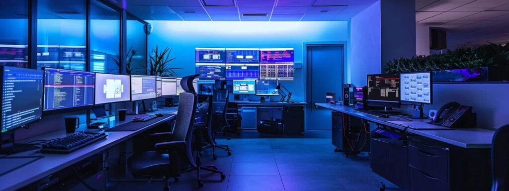 a modern office space features a sleek computer setup with multiple screens displaying security interfaces for vpn and mfa, illuminated by dynamic, cool-toned lighting that emphasizes a sense of technological vigilance and remote workforce security.