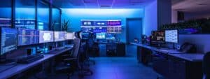 a modern office space features a sleek computer setup with multiple screens displaying security interfaces for vpn and mfa, illuminated by dynamic, cool-toned lighting that emphasizes a sense of technological vigilance and remote workforce security.